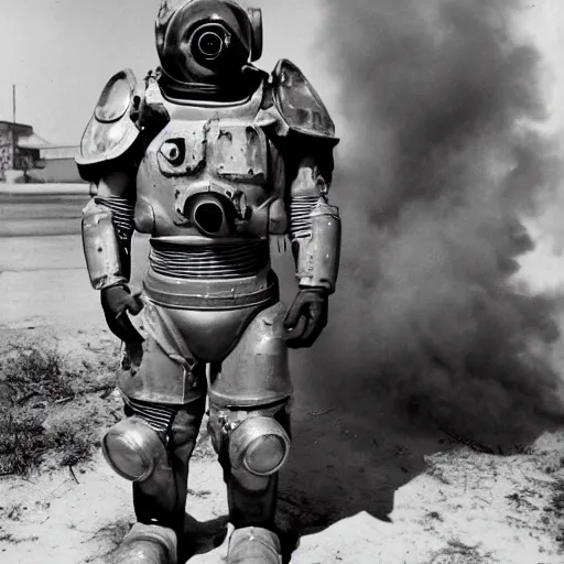 Image similar to war photography usa nuclear fission powered t - 5 1 b power armor 1 9 5 0 s