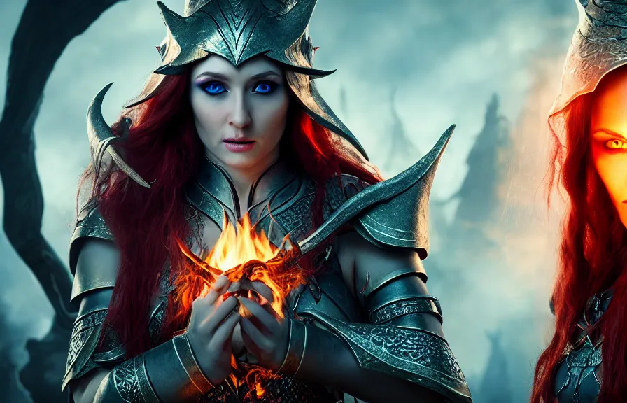 Prompt: 8 k uhd an elven priestess with grey eyes and red hair wearing an armor and casting a fire spell in a dungeon,