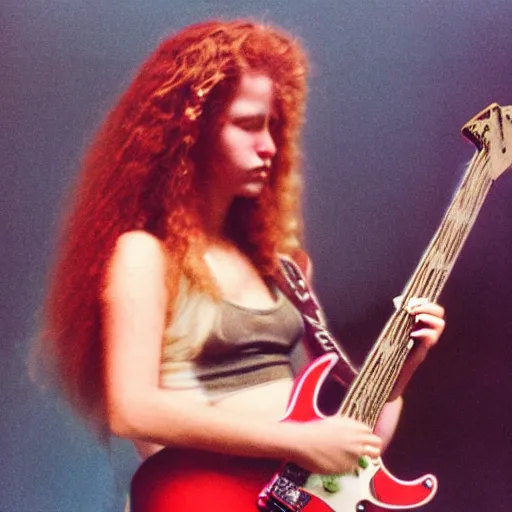 Prompt: 19-year-old woman holding electric guitar, long shaggy red hair, permed hair, stoner rock concert, grunge concert, riff rock, live in concert, concert lighting, 1993, VHS quality