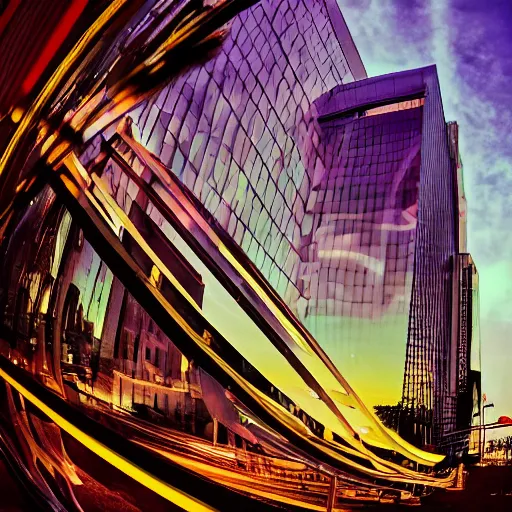 Prompt: fisheye lens photograph of a futuristic neon cityscape