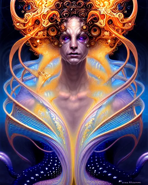 Image similar to a portrait of gemini water and fire fantasy character portrait made of fractals facing each other, wearing flowing robes, ultra realistic, wide angle, intricate details, the fifth element artifacts, highly detailed by peter mohrbacher, hajime sorayama, wayne barlowe, boris vallejo, aaron horkey, gaston bussiere, craig mullins