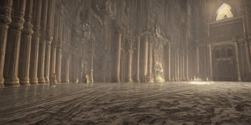 Image similar to the grand halls of anor londo, marble floors, art by kotaro chiba, volumetric lighting, epic composition