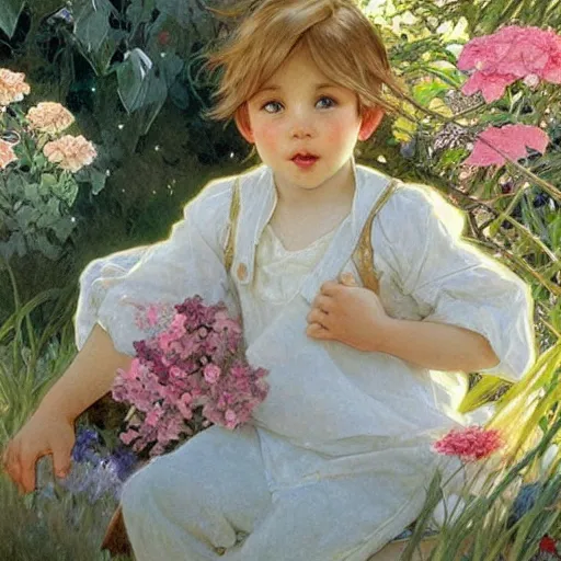 Image similar to a cute three year old boy with short straight blonde hair and blue eyes in a lovely garden, beautiful painting by artgerm and greg rutkowski and alphonse mucha, highly detailed face