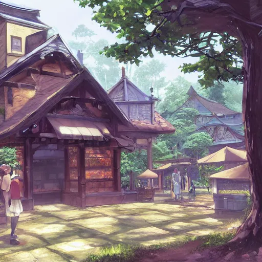 Image similar to concept art painting of a historic bakery with european and japanese architecture, in a woodland village surrounded by trees, realistic, detailed, cel shaded, in the style of makoto shinkai and greg rutkowski and james gurney