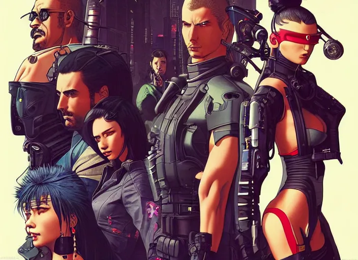 Image similar to cyberpunk samurai team. portrait by stonehouse and mœbius and will eisner and gil elvgren and pixar. character design. realistic proportions. cyberpunk 2 0 7 7 character art, blade runner 2 0 4 9 concept art. cel shading. attractive face. thick lines. the team. diverse characters. artstationhq.