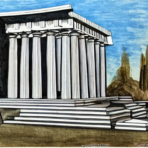 Prompt: A greek temple designed by Frank Gehry drawn by Leonardo da Vinci