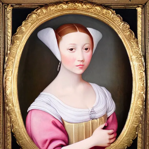 Image similar to portrait of a young lady pink cheeks wearing renaissance dress pale grey and white flowers in the style of renaissance oil painting background renaissance paintings with gold