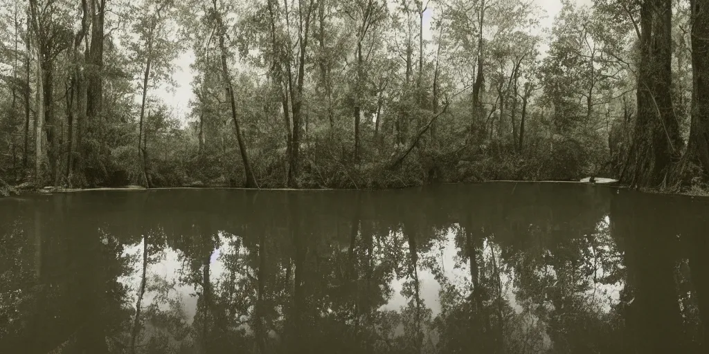 Prompt: photograph of a long rope snaking across the surface of the water, stretching out towards the vortex sinkhole at the center of the lake, a dark lake on a cloudy day, mood, trees in the background, anamorphic lens