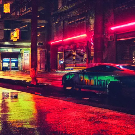 Image similar to a high quality low wide angle photo of a panther on the streets of a cyberpunk city, rainy, reflective ground, neon lights, realism, 8k