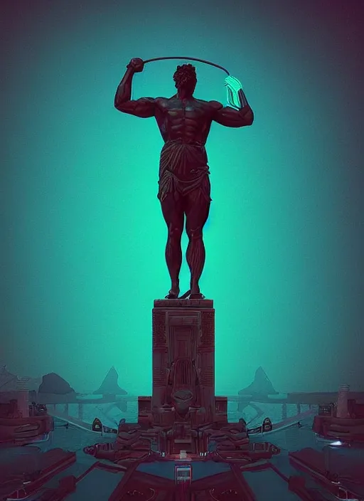 Image similar to statue of hercules, beeple, android jones, dan mumford, vaporwave, retrowave, black background, neon wiring, black, glitch, strong contrast, cuts, pinterest, trending on artstation