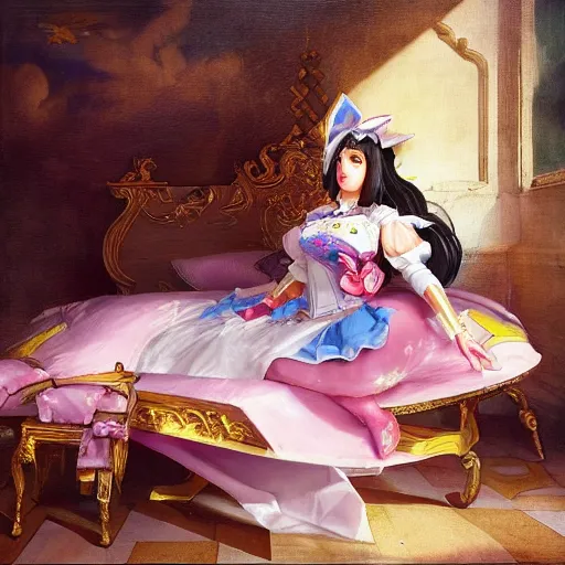 Image similar to baroque painting of D.Va (overwatch) sitting on her bed