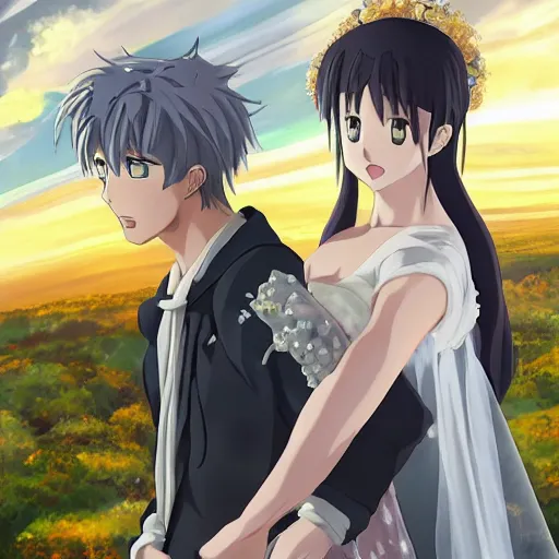 Image similar to a oil painting of the marriage between a modern god and a modern goddess in the style of slice of life anime Photorealistic HD 8k highlights and shadow detailed High Resolution