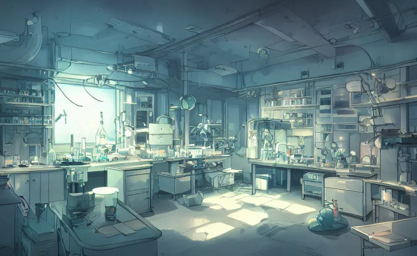 Image similar to a bio laboratory, crystal lights, mysterious atmosphere, cel - shading, cinematic, artstation, studio ghibli, miyazaki, highly details