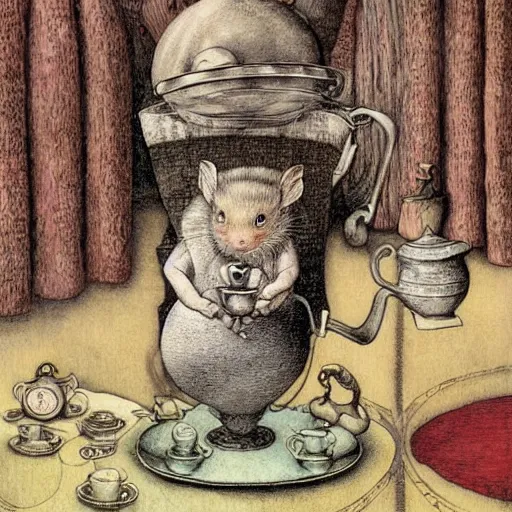 Image similar to dormouse from Alice in Wonderland poking its head out of the teapot, by Santiago Caruso, and M.C. Escher, fairy-tale illustration style, very detailed, colorful, beautiful, eerie, surreal, psychedelic