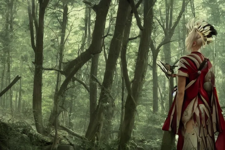 Prompt: vfx movie scene closeup nomad cyborg warrior viking geisha in a smoldering forest. by emmanuel lubezki