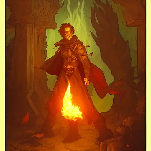 Image similar to a pyromancer is playing with fire , medium level shot , epic scene, Mucha style , Grim fantasy, illustration ,concept art,