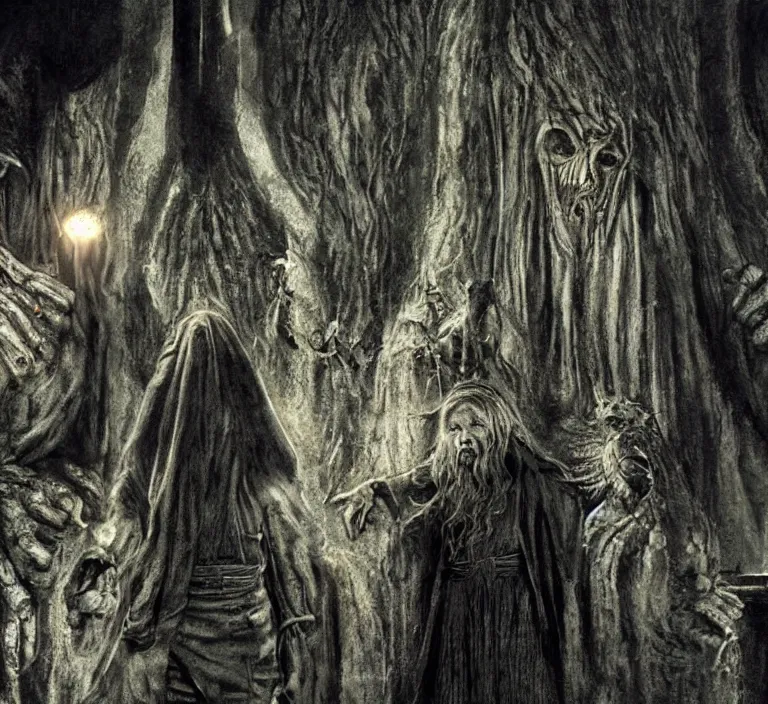 Image similar to frodo!! and gandalf!!, style of h. r. giger, movie still, cinematic