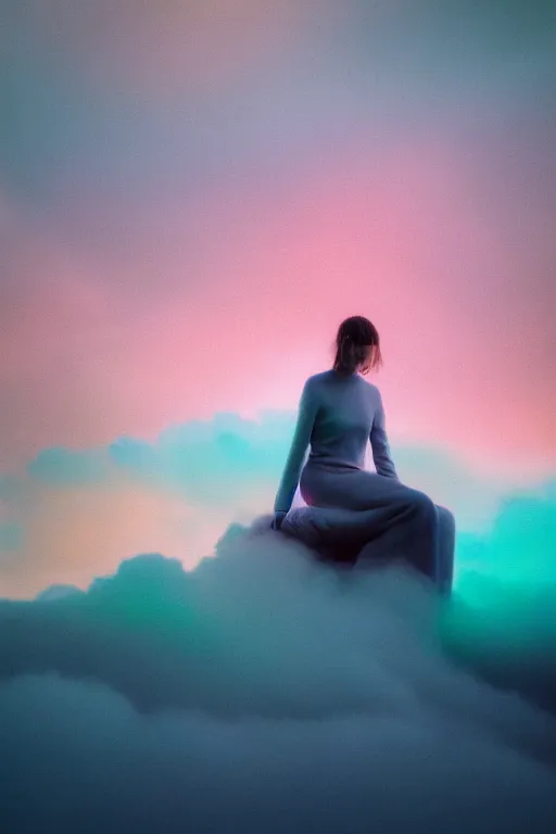 Image similar to high quality pastel coloured film close up wide angle photograph of a model wearing clothing resting on cloud furniture in a icelandic black rock environment in a partially haze filled dreamstate world. three point light, rainbow. photographic production. art directed. pastel colours. volumetric clouds. pastel gradient overlay. waves glitch artefacts. extreme facial clarity. 8 k. filmic.