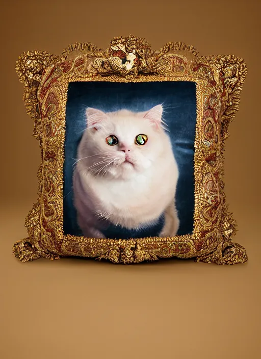 Prompt: a magnificent portrait of a cross - eyed cute fluffy fat cat on a precious embroidered velvet cushion on a neo - rococo gilded little bed with precious stones, ball of yarns all around, by pierre et gilles, photorealistic, canon r 3, photography, wide shot, symmetrical features, symmetrical pose, wide angle shot, standing pose, feet on the ground