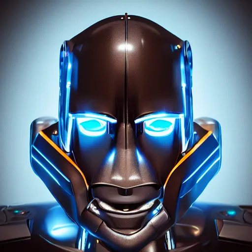 Prompt: portrait of a robot, suit and tie, blue glowing eyes, wings, historic portrait, dramatic lighting, octane render