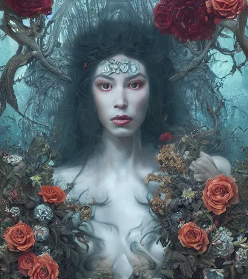 Image similar to portrait of the supreme king of the underworld, cryptic, mysterious, surrounded by skulls and overgrowth and flowers and cords, mist by karol bak, James Jean, tom bagshaw, rococo, trending on artstation, cinematic lighting, hyper realism, octane render, 8k, hyper detailed.