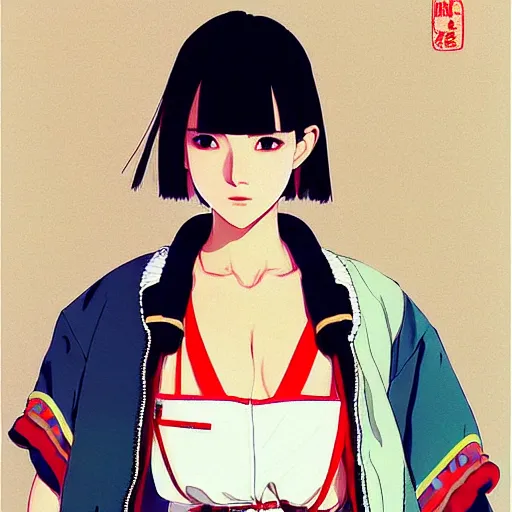 Image similar to a beautiful japanese natalie portman gravure model, wearing oversized native designer bomber jacket and leotard with overalls, bulky poofy bomber jacket with mesoamerican patterns, mesoamerican native street fashion, gapmoe yandere grimdark, trending on pixiv fanbox, painted by greg rutkowski makoto shinkai takashi takeuchi studio ghibli, akihiko yoshida