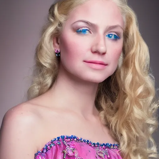 Prompt: close up headshot of a princess with long blonde hair and blue eyes wearing a strapless elaborately beaded pink dress, high resolution film still, 8k, HDR color, film by Simon Langton and David Frankel, gazing eyes