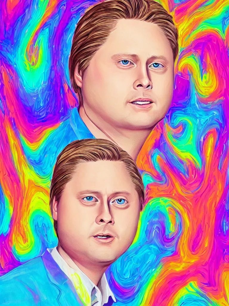 Prompt: realistic beautiful portrait of tim heidecker by Lisa Frank, synthwave funny style