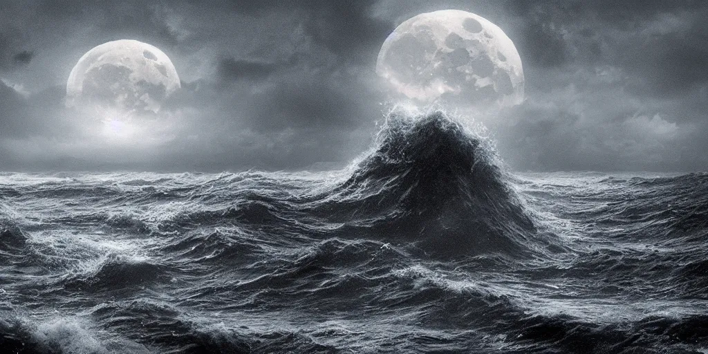 Image similar to the ocean shook in terror, the skies trembled in fear and the air stood silent. the mighty eldritch god has awoken from its watery slumber and the moon howled in anticipation