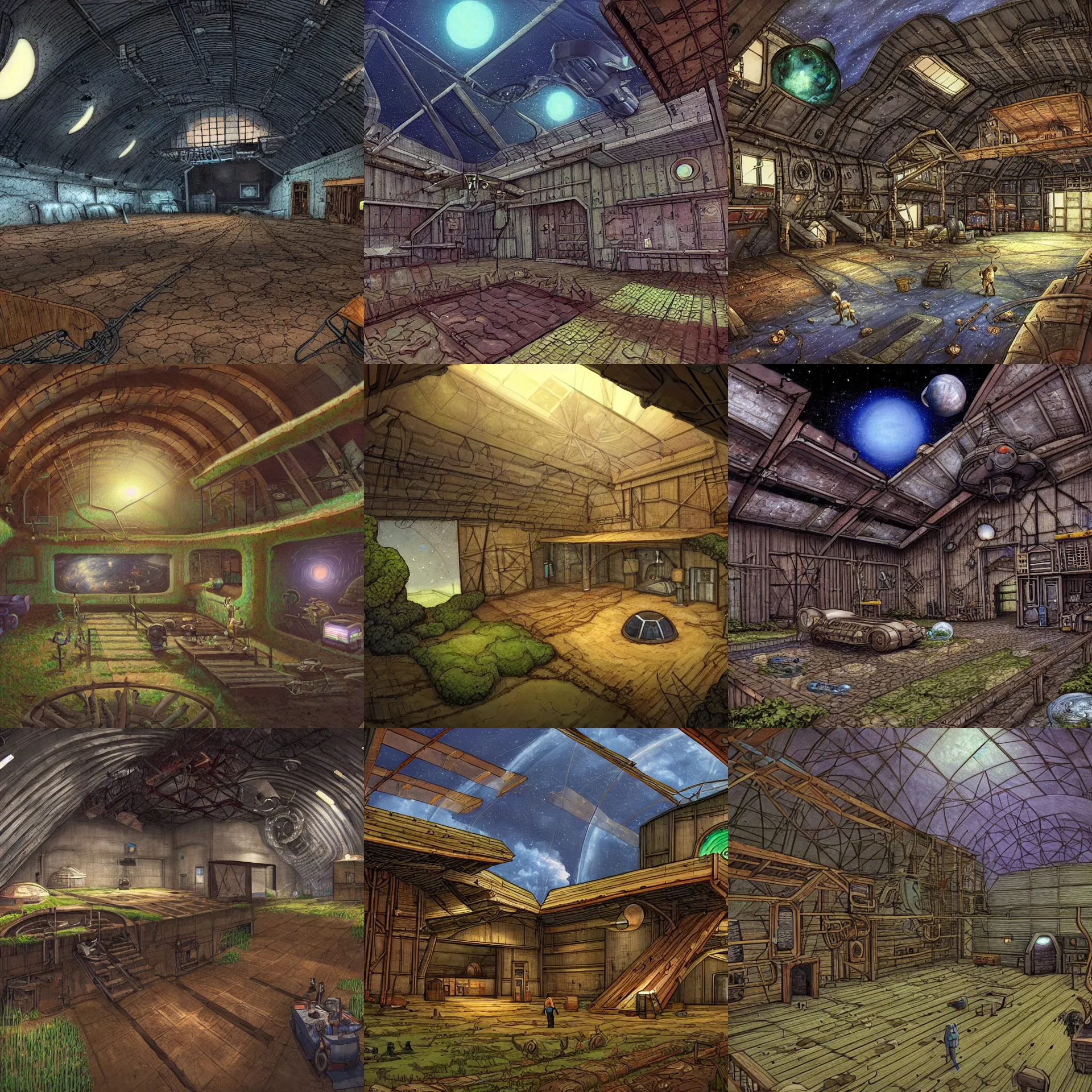 Prompt: inside a farm barn, laying on floor and looking up at the roof, on a remote planet, from a space themed point and click 2 d graphic adventure game, detailed, set design inspired slightly by hg giger, art inspired by thomas kinkade