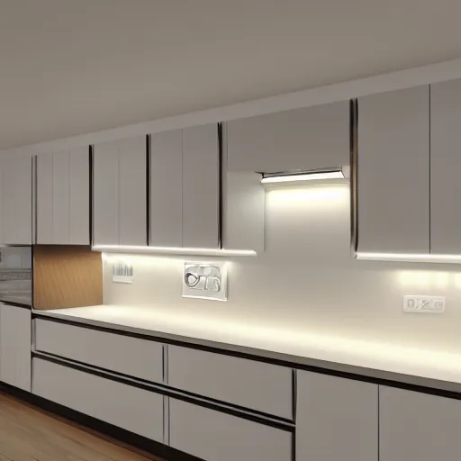 Prompt: kitchen with led strip lighting under cabinet, post processing, realistic render