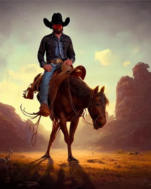 Image similar to epic portrait cinematic shot an frog wearing cowboy outfit and a cowboy hat, fine details. night setting. realistic shaded lighting poster by craig mullism, artgerm, jeremy lipkin and michael garmash, unreal engine, radiant light, detailed and intricate environment, digital art, trending on art station,