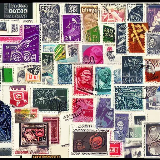 Prompt: stamps from a alternate dimension, stamp collection, eerie