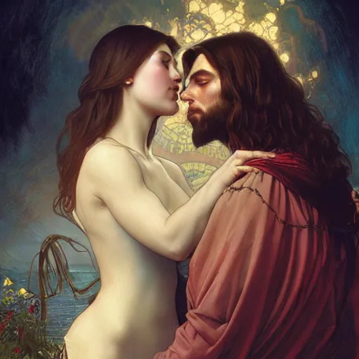 Image similar to jesus kissing a maria maddalena, intricate, elegant, highly detailed, digital painting, artstation, concept art, matte, sharp focus, illustration, art by artgerm and greg rutkowski and alphonse mucha