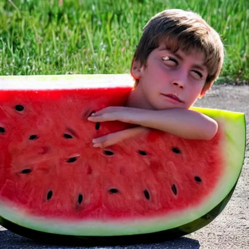 Prompt: a boy fell asleep on a watermelon truck