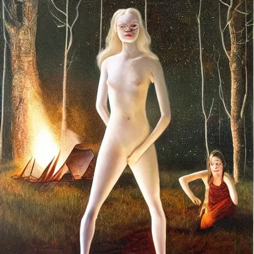 Prompt: a striking hyper real painting of Elle Fanning with cybernetics, starlit night, campfire, by Andrew Wyeth