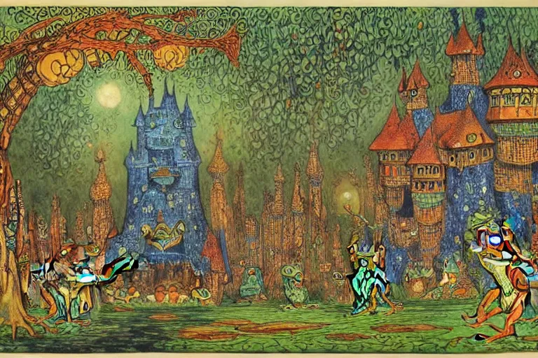 Image similar to a fantasy illustration, Castle of the frog king on Endor by Louis Wain (1920)