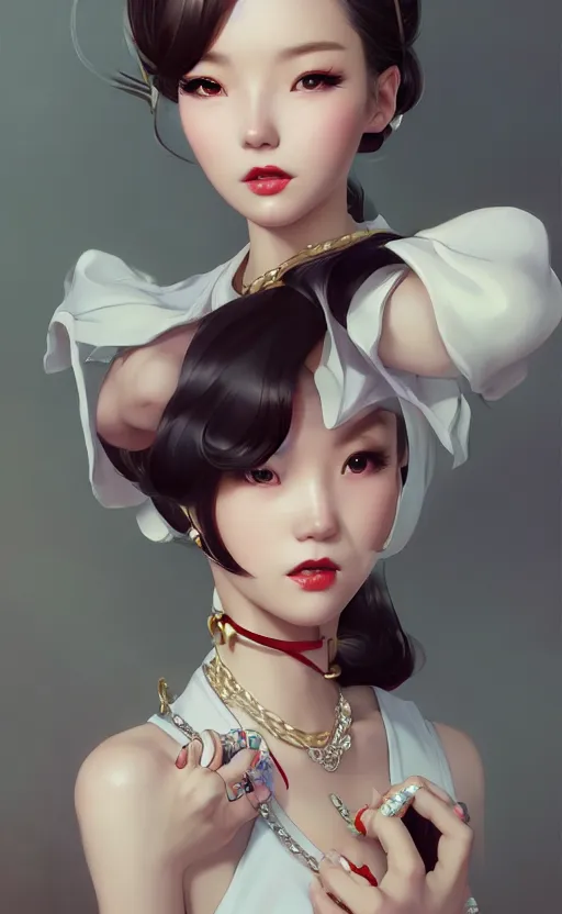 Image similar to a pin up and beautiful fashion charming dreamlke korea girl with lv jewelry, character art, art by artgerm lau and kyoung hwan kim and and ilya kuvshinov and john singer sargent, hyperdetailed, 8 k realistic, symmetrical, frostbite 3 engine, cryengine, dof, trending on artstation, digital art