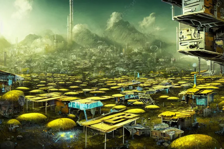 Image similar to simplicity, favela spaceship honeybee hive, fungal environment, industrial factory, cheerful, award winning art, epic dreamlike fantasy landscape, ultra realistic,