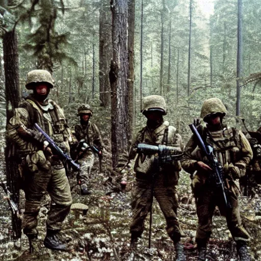 Image similar to wide shot, a squad of American Soldiers patrolling deep in the thick, forest, painting, colored, eerie, ominous, Lovecraftian, eldritch horror, 1969