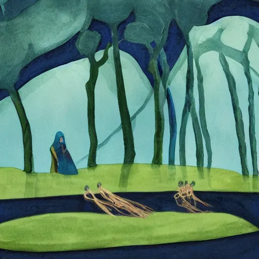 Image similar to blue green by kate beaton, by helene schjerfbeck random. a installation art of a coffin being carried by six men through an ethereal, otherworldly landscape. the men are all wearing hooded cloaks. the landscape is eerie & foreboding, with jagged rocks & eerie, glowing plants.