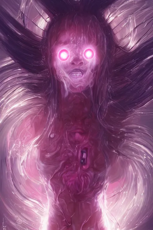 Prompt: kawaii possessed korean female android fused with lovecraft, cosmic entity, the thing, the blob, cable wires as hair, ghostly, holes in the lower jaw, gnarly, portrait, intricate details, by vincent di fate, artgerm, julie bell, beeple and Greg Rutkowski, 80s, concept, Smooth gradients, octane render, 8k, High contrast, duo tone, depth of field, very coherent symmetrical artwork, adorable and super cute