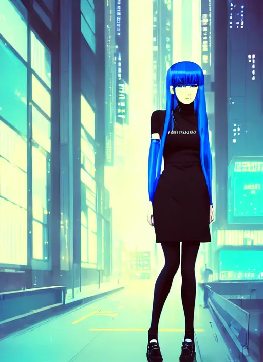 Image similar to digital illustrationportrait of cyberpunk pretty girl with blue hair, wearing a tight black dress, in city street at night, by makoto shinkai, ilya kuvshinov, lois van baarle, rossdraws, basquiat