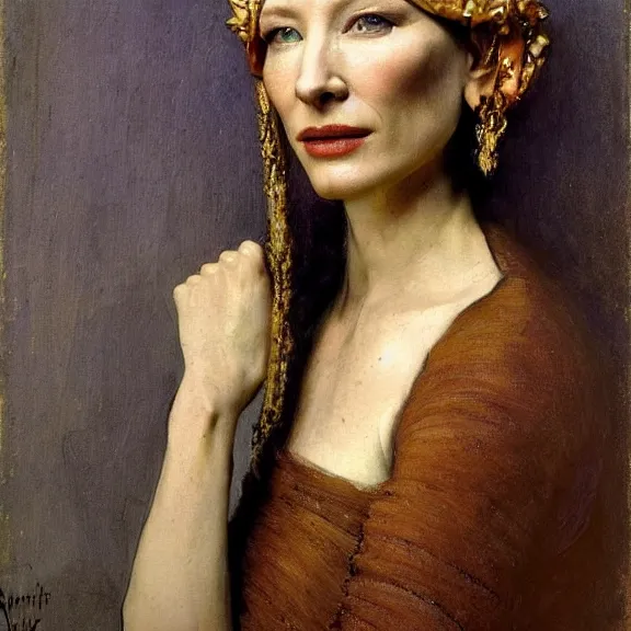 Image similar to cate blanchett by Annie Swynnerton and Nicholas Roerich and Vermeer, strong dramatic cinematic lighting , ornate headdress , lost civilizations, smooth, sharp focus, extremely detailed