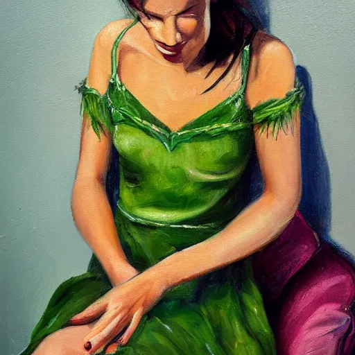 Prompt: Tinkerbell drinking coffee in short green dress with tattered hem, bare feet, hungover, detailed oil painting by Jasmine Beckett-Griffith