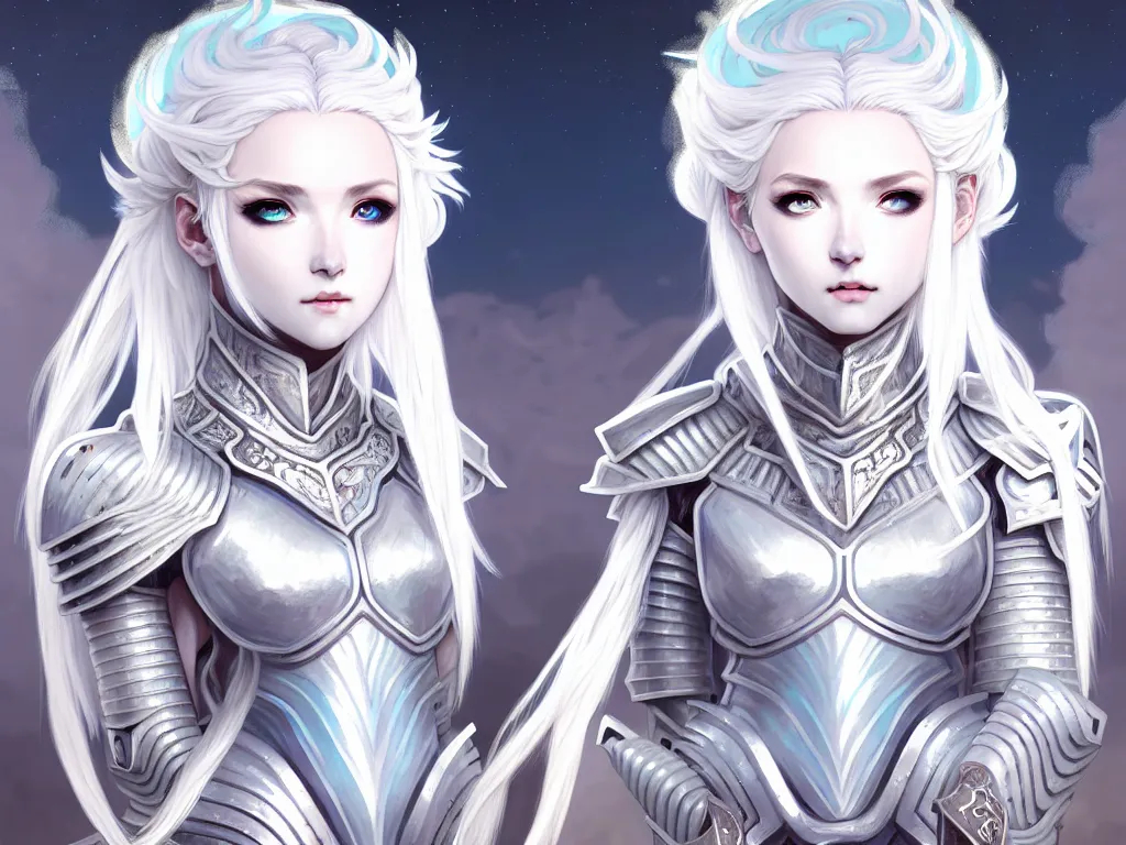 Image similar to portrait white hair knights of zodiac girl, matt white ice color armor, in ruined agora of athens sunrise, ssci - fi and fantasy, intricate and very beautiful and elegant, highly detailed, digital painting, artstation, concept art, smooth and sharp focus, illustration, art by ayanamikodon and tian zi and alphonse mucha and wlop