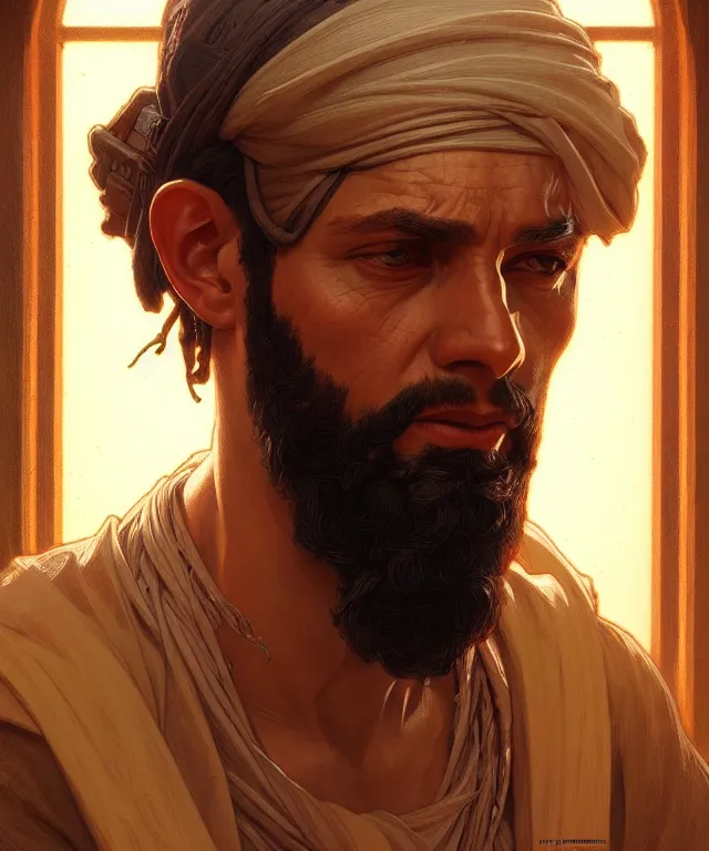 Prompt: portrait of biblical prophet jeremiah, intricate, headshot, highly detailed, digital painting, artstation, concept art, sharp focus, cinematic lighting, illustration, art by artgerm and greg rutkowski, alphonse mucha, cgsociety