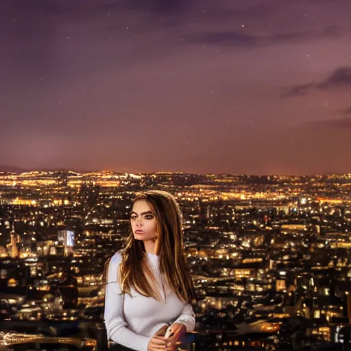 Image similar to a still of sofia vegara. Shallow depth of field. City at night in background, lights, colors ,studio lighting, mood, 4K. Profession photography