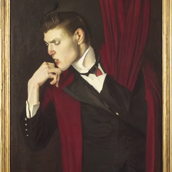 Image similar to urban fantasy plotting scheming vampire courtier, dressed in an elegant modern suit, hiding a dagger behind their back, John Collier 1887, oil paint and gold leaf