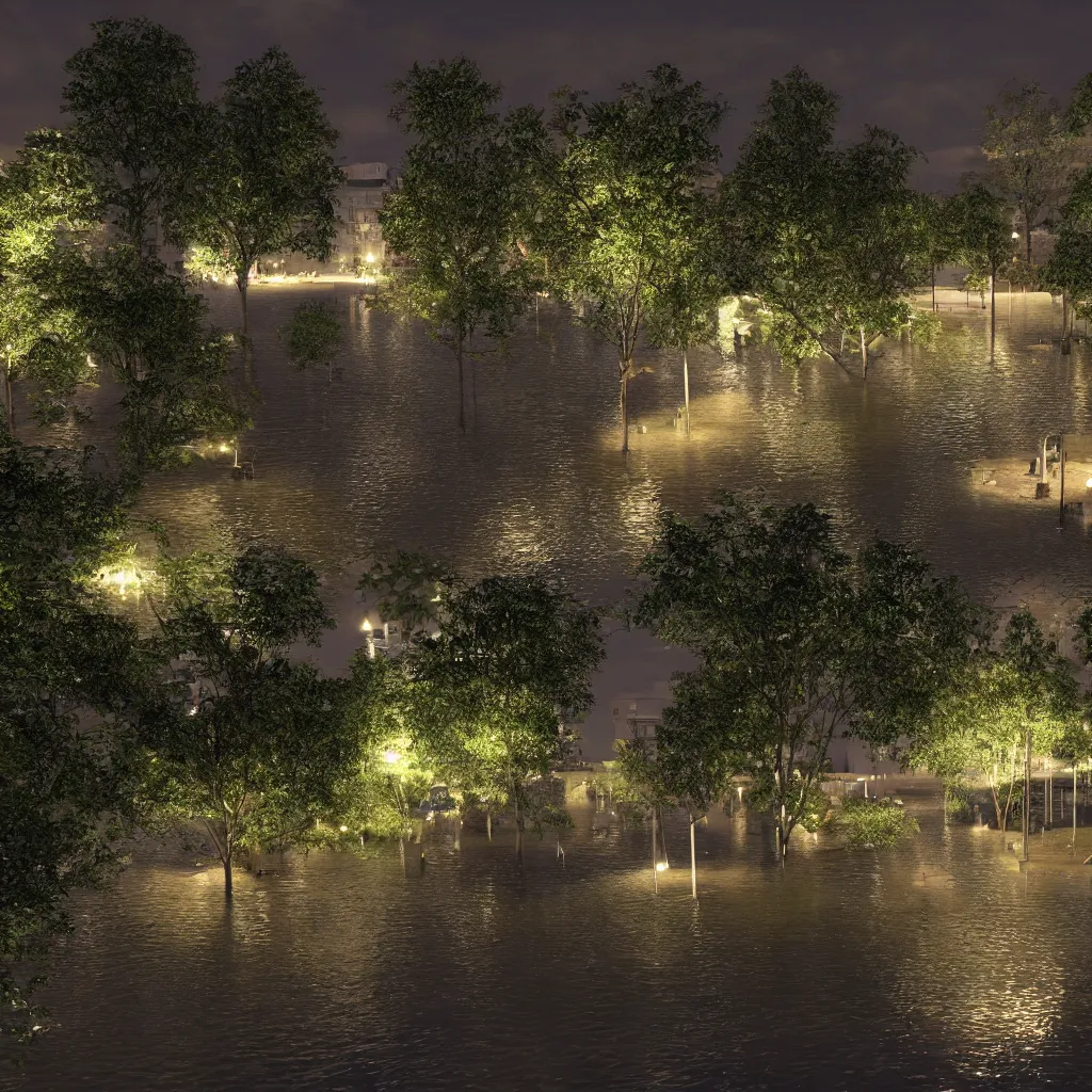 Prompt: park drowned in water with lots of lights at night, 8k, realistic, trending on artstation